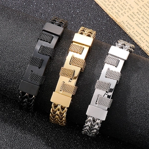 Three pieces of rock hip-hop titanium steel bracelets in black, gold, and silver finishes