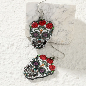 Halloween Day of the Dead sugar skull earrings with red roses and colorful floral patterns