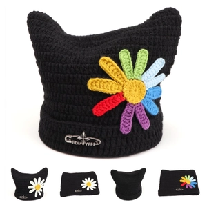 Cat Ear Beanie Acrylic Knitted Hat With Flower Patch And Cross Pin Sweet Cool Street Style For Women Girls