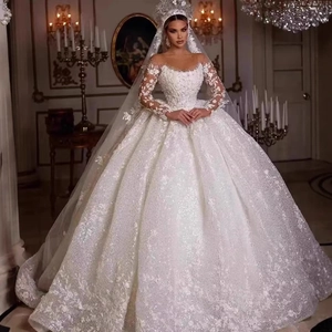 Luxury ball gown wedding dress with long sleeves, lace appliques and sequin sparkle finish