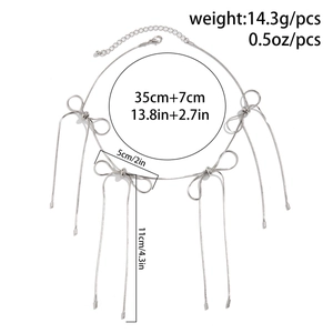 Detailed size specifications for silver metal bow tassel necklace with English labels