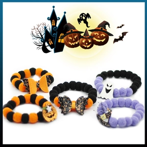 Adjustable Halloween pet collars with plush pom poms and festive sequin charms