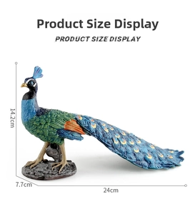 Detailed size display of a realistic colorful peacock figurine with height and length dimensions