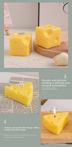 Detailed view of yellow cheese shaped scented candles with realistic texture and tags