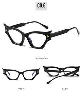 Angular cat-eye sunglasses with retro frames and gold bird logo details in three views