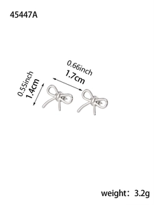 Detailed size view of silver bow earrings measuring 1.7cm wide with 45447A product code