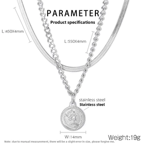 Detailed size parameters for silver double layer snake chain and coin pendant necklace
