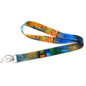 Detail of Van Gogh Cafe Terrace polyester lanyard with silver lobster clasp and phone loop