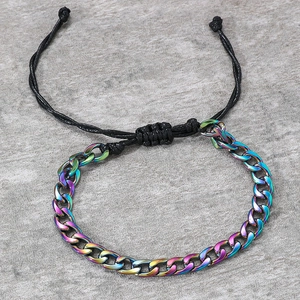 Rainbow plated stainless steel NK chain and black woven cord adjustable bracelet