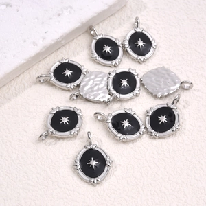 Vintage oval silver-framed black enamel pendants with octagonal star for DIY jewelry