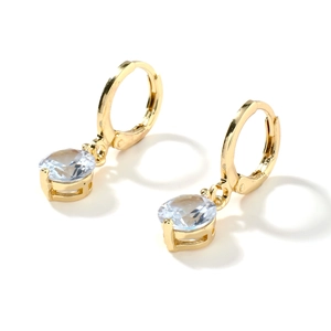 Elegant gold drop earrings with oval blue zircon stone in a 4-prong setting
