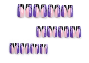 Detailed set of 24 long coffin fake nails with purple glitter and black French tips