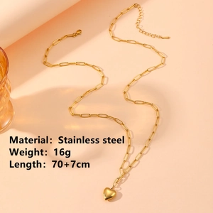 Golden heart pendant necklace in stainless steel with safety pin chain design