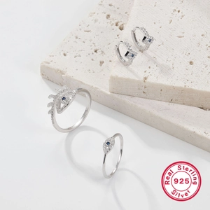 S925 sterling silver evil eye jewelry set with rings and hoop earrings for women