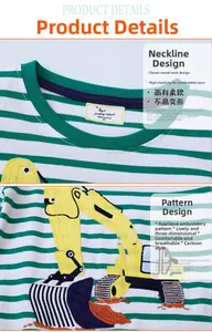 Macro detail of toddler cotton striped t-shirt with high-quality excavator embroidery