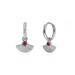 Silver fan-shaped drop earrings with round red ruby stone in 24K gold plating
