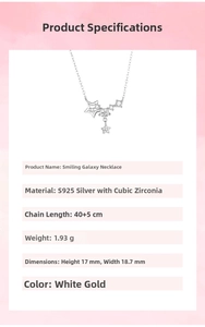 Detailed spec sheet for S925 silver Smile Galaxy necklace with cubic zirconia dimensions