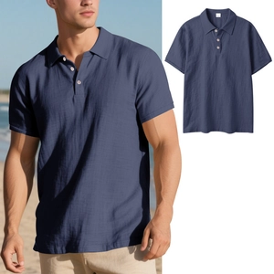 Detailed texture of navy linen polo shirt featuring three-button collar and breathable fabric