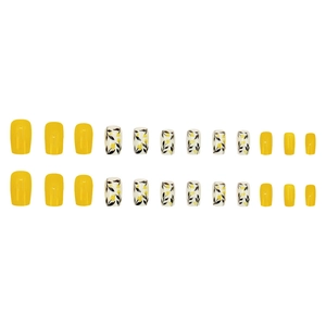 Vibrant yellow floral silhouette press-on nails set with 24 pieces square shape tips
