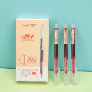 Detail of red 0.5mm needle point liquid ink pens with quick-dry ink and packaging