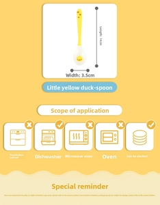Detailed view of yellow duck-themed baby spoon with dimensions and usage instructions