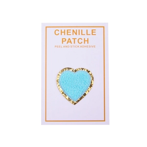 Blue chenille heart patch with gold glitter border and self-adhesive backing