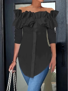 Detail of black off-the-shoulder shirt with ruffled trim and button-front closure