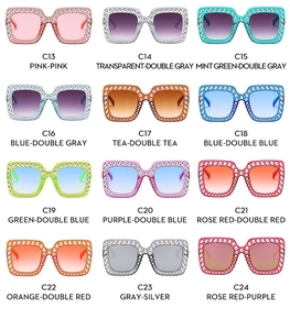 Detailed grid showing 12 colors of oversized square sunglasses with sparkling crystals