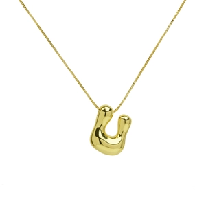 Detailed view of glossy 18K gold plated puffy bubble letter U pendant on chain