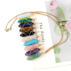 Set of 10 wire wrapped hexagonal crystal column necklaces in assorted natural stones