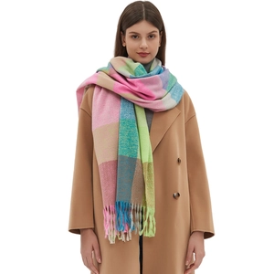 Thick colorful plaid scarf with long tassels and rainbow pattern for winter warmth