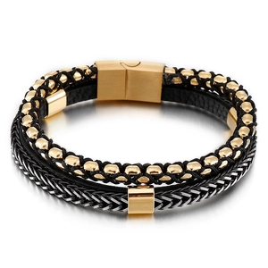 Men's multilayer braided leather bracelet with stainless steel chains and magnetic clasp