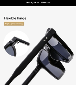 Macro shot of high quality flexible hinge and glossy black finish on square sunglasses