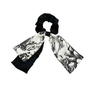 Elegant black and white Toile de Jouy floral print satin ribbon scrunchie for women
