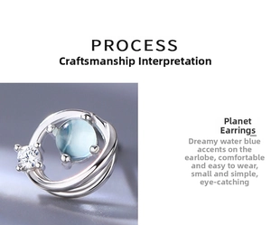 Macro shot of silver planet stud earrings with blue glass orb and sparkling zircon