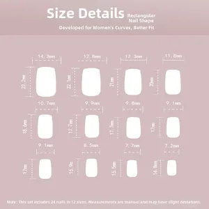 Size chart for square press-on nails showing 24 pieces with 12 precise width and length specs