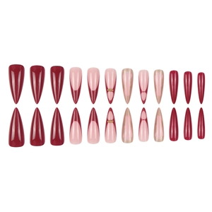 Long almond press-on nails in burgundy and nude with gold beads and glitter