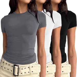 Dreierpack figurbetonte Langarmshirts in Dunkelgrau, Weiß und Schwarz einfarbig