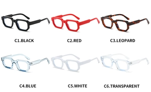 Matrix display of thick square eyewear frames in black red tortoiseshell and clear tones