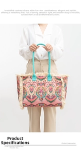 Detail of bohemian canvas tote with pink geometric patterns and beige tassel fringe