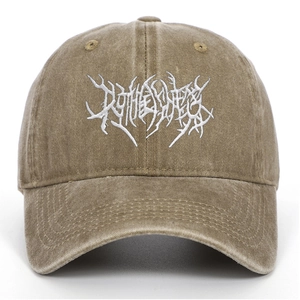 Vintage washed cotton baseball cap with gothic embroidery and distressed finish