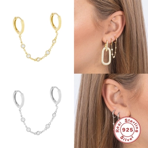 S925 sterling silver double hoop chain earrings with sparkling zircon stones in gold and silver