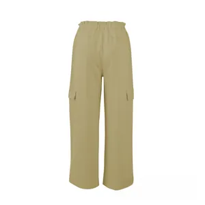 Detail view of khaki cotton linen cargo pants featuring elastic high waist and back pockets
