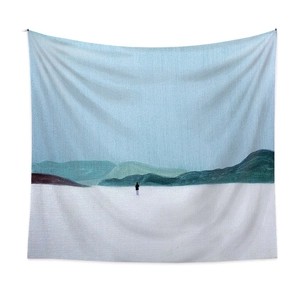 Detailed fabric texture of Bohemian wall tapestry with minimalist nature art illustration