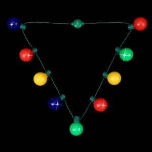 Close-up of vibrant 9-LED Christmas bulb necklace glowing against a dark background