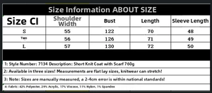 Size chart detail for short knit coat with scarf, including fabric and measurements
