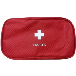 Portable red first aid kit bag made of durable oxford fabric with white cross and text