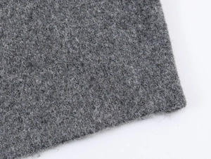 Close-up of grey knit fabric texture showing wool blend fibers and soft fuzzy surface