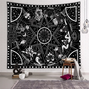 Detail of gothic zodiac tapestry with skull motifs and astrology symbols on wall