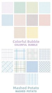 Collection of 18 pastel plaid note paper designs featuring colorful bubble and grid patterns